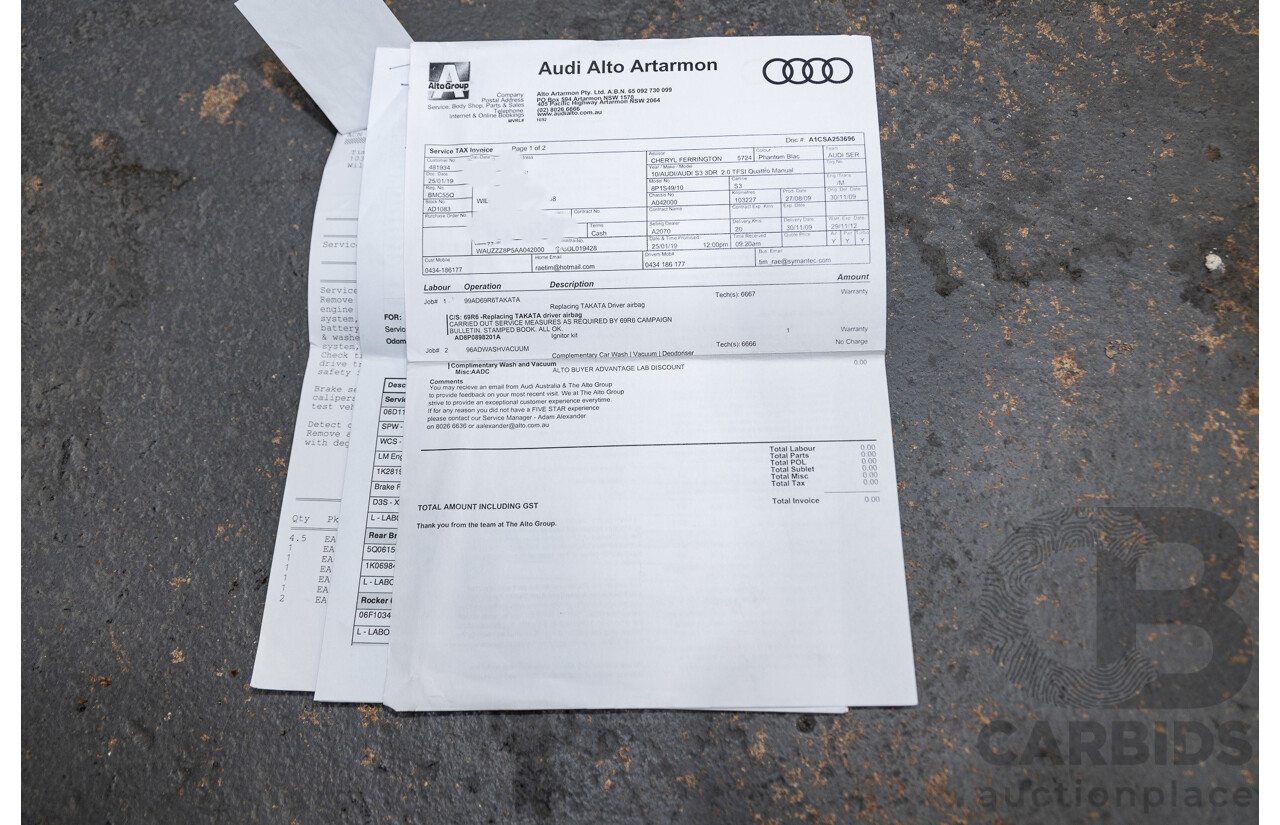 11/2009 Audi S3 Quattro (AWD) 8P 3d Hatchback Phantom Black Turbo 2.0L