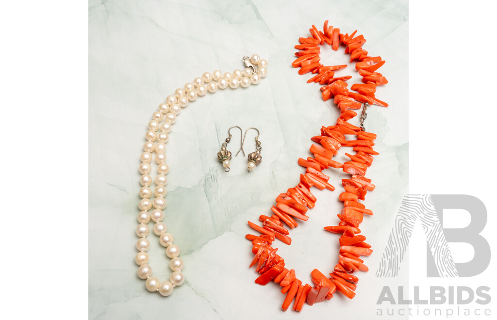 Coral Beaded Necklace, Cultured Freshwater Baroque Pearl Necklace & Ornate Silver Lantern Style Pearl Drop Earrings, All as New