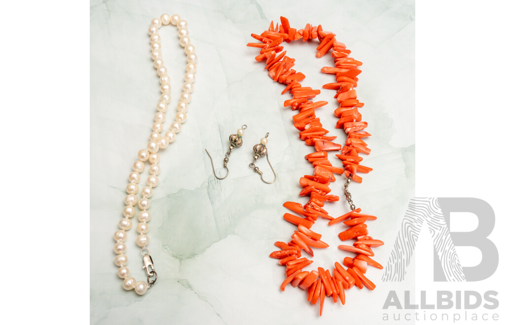 Coral Beaded Necklace, Cultured Freshwater Baroque Pearl Necklace & Ornate Silver Lantern Style Pearl Drop Earrings, All as New