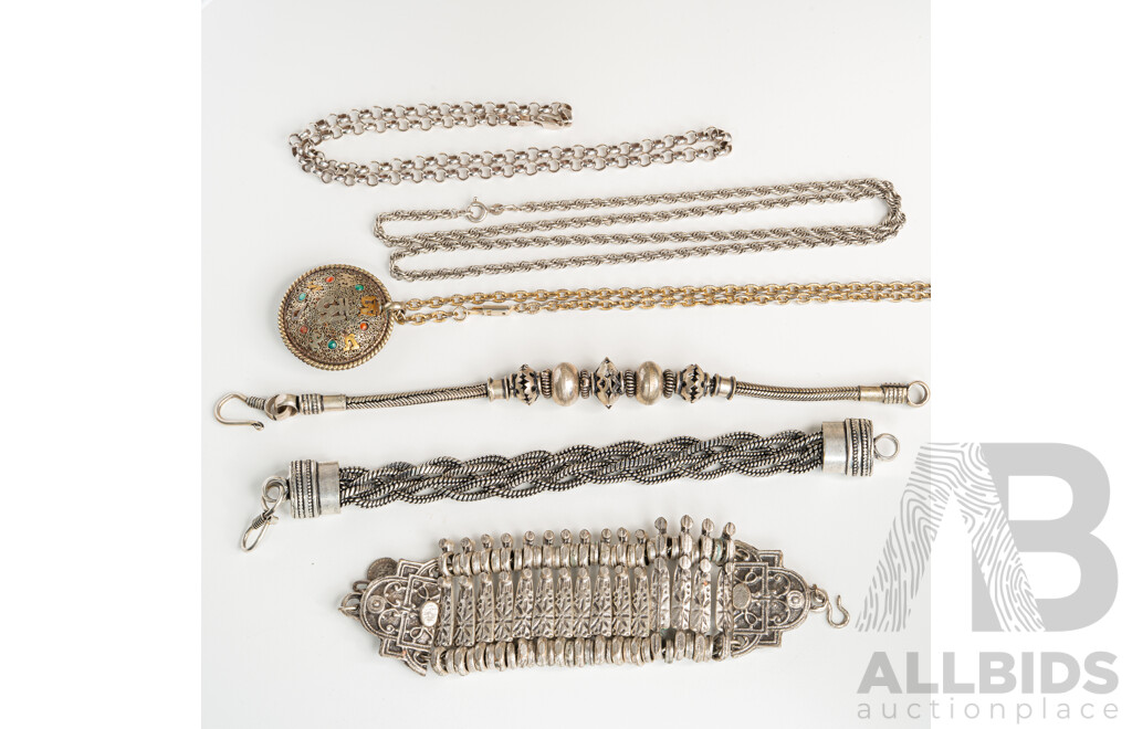 Vintage Silver Jewellery Pieces of Middle Eastern/asian Origin Including Wide Turkish Bracelet