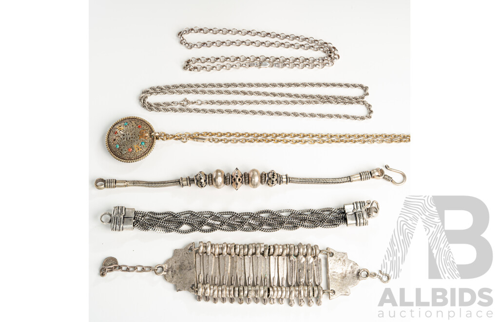 Vintage Silver Jewellery Pieces of Middle Eastern/asian Origin Including Wide Turkish Bracelet