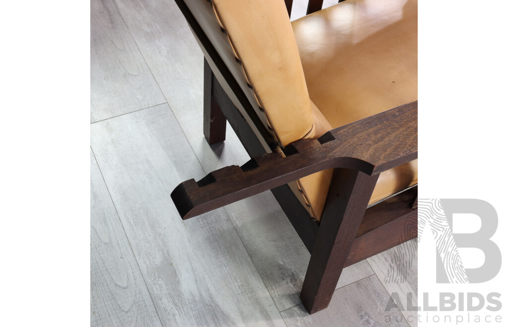 Pair of Oak Adjustable Settlers Armchairs with Leather Upholstery