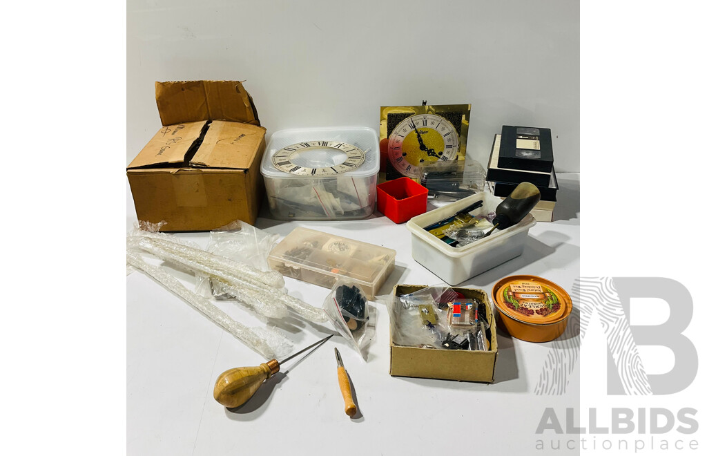 Collection of Mechanical Clock Parts Including Keys, Chimes, Pendulums, Chains and More