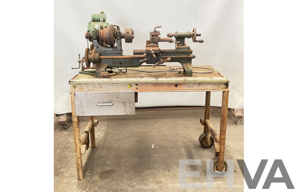Antique Patrick Steel Lathe on Steel Bench with Various Cutting Tools, Chucks, Drill Bits and Micrometer