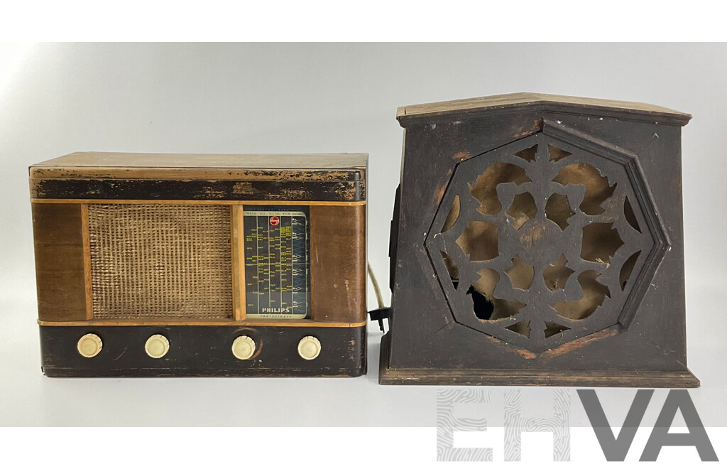 Vintage Phillips Shortwave/AM Valve Radio with Walnut Veneer and Antique Art Deco Amplion Mantle Cone Speaker