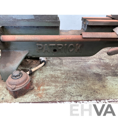 Antique Patrick Steel Lathe on Steel Bench with Various Cutting Tools, Chucks, Drill Bits and Micrometer