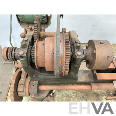 Antique Patrick Steel Lathe on Steel Bench with Various Cutting Tools, Chucks, Drill Bits and Micrometer