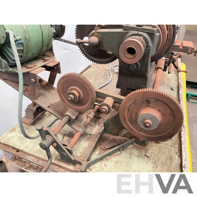 Antique Patrick Steel Lathe on Steel Bench with Various Cutting Tools, Chucks, Drill Bits and Micrometer