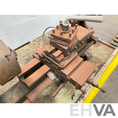 Antique Patrick Steel Lathe on Steel Bench with Various Cutting Tools, Chucks, Drill Bits and Micrometer