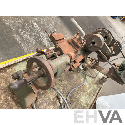Antique Patrick Steel Lathe on Steel Bench with Various Cutting Tools, Chucks, Drill Bits and Micrometer