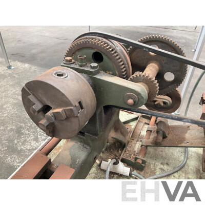 Antique Patrick Steel Lathe on Steel Bench with Various Cutting Tools, Chucks, Drill Bits and Micrometer