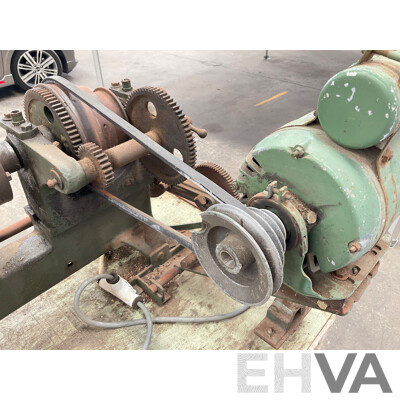 Antique Patrick Steel Lathe on Steel Bench with Various Cutting Tools, Chucks, Drill Bits and Micrometer