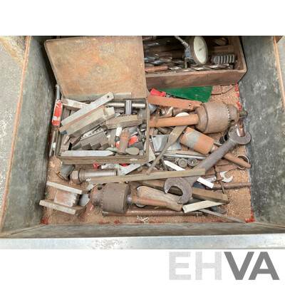 Antique Patrick Steel Lathe on Steel Bench with Various Cutting Tools, Chucks, Drill Bits and Micrometer