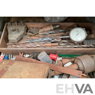 Antique Patrick Steel Lathe on Steel Bench with Various Cutting Tools, Chucks, Drill Bits and Micrometer
