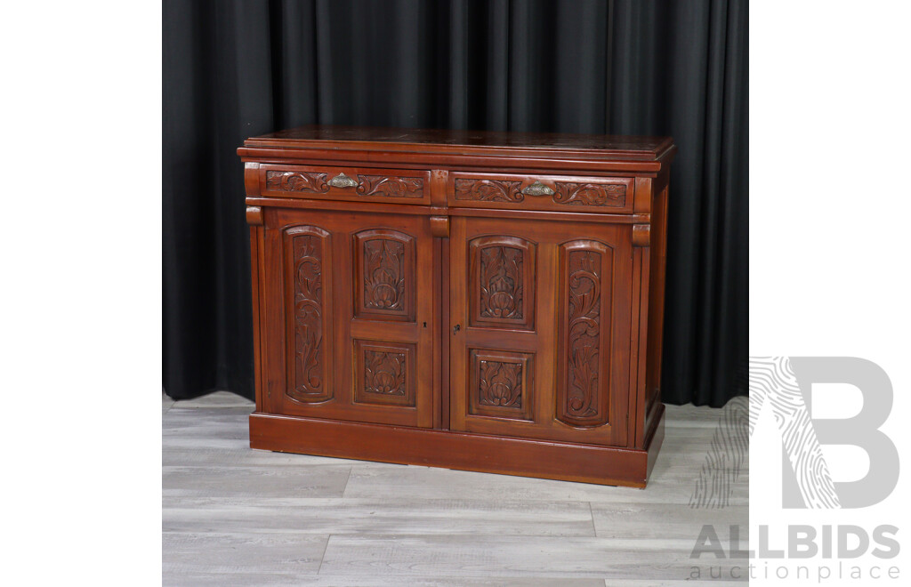Vintage Sideboard with Carved Doors, Drawers and Brass Handles