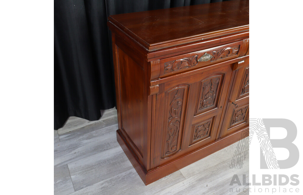 Vintage Sideboard with Carved Doors, Drawers and Brass Handles