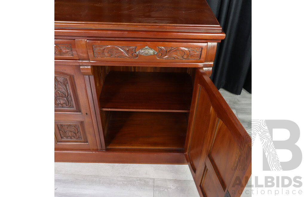 Vintage Sideboard with Carved Doors, Drawers and Brass Handles