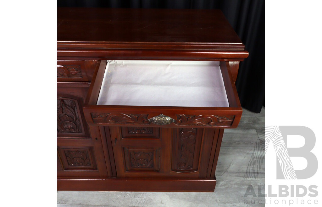 Vintage Sideboard with Carved Doors, Drawers and Brass Handles
