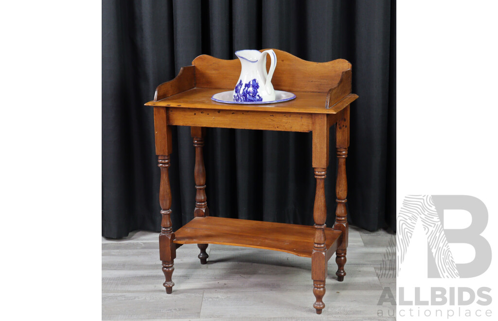 Antique Wash Stand with Staffordshire Ironstone Ceramic Basin and Jug