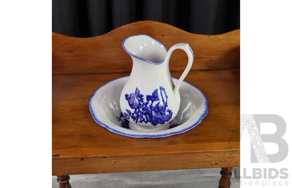 Antique Wash Stand with Staffordshire Ironstone Ceramic Basin and Jug