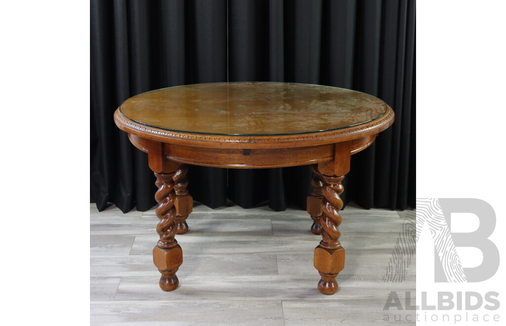 Vintage Oak Round Table with Barley Twist Legs and Glass Top