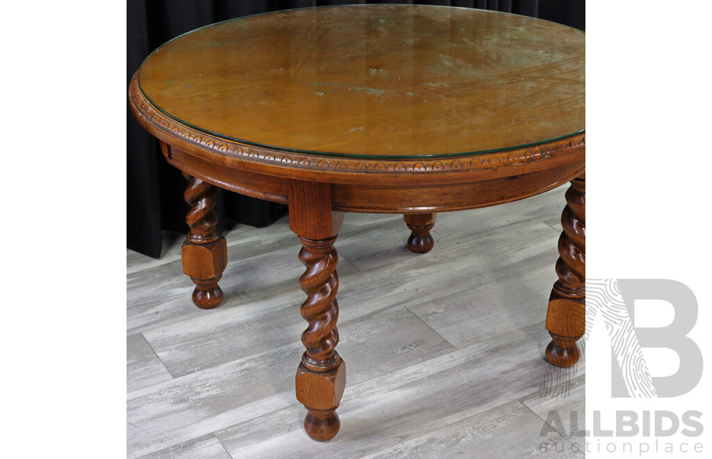 Vintage Oak Round Table with Barley Twist Legs and Glass Top
