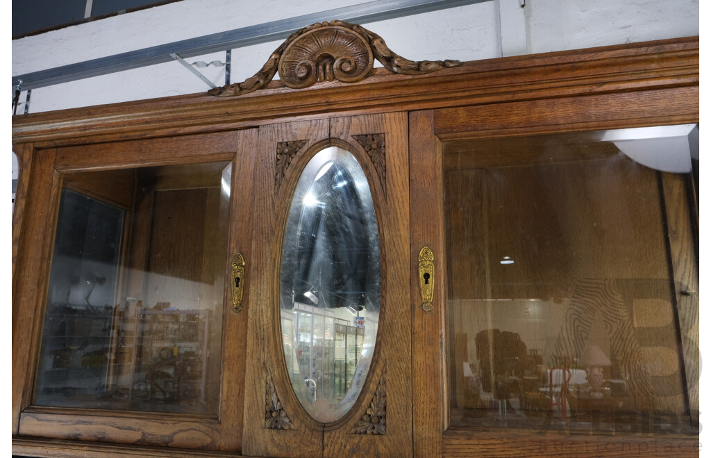 Vintage Oak Sideboard with Carvings, Beveled Glass, Mirrors and Turned Supports