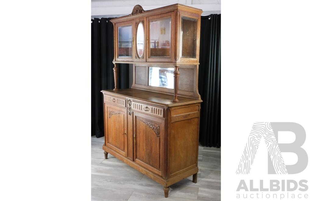 Vintage Oak Sideboard with Carvings, Beveled Glass, Mirrors and Turned Supports