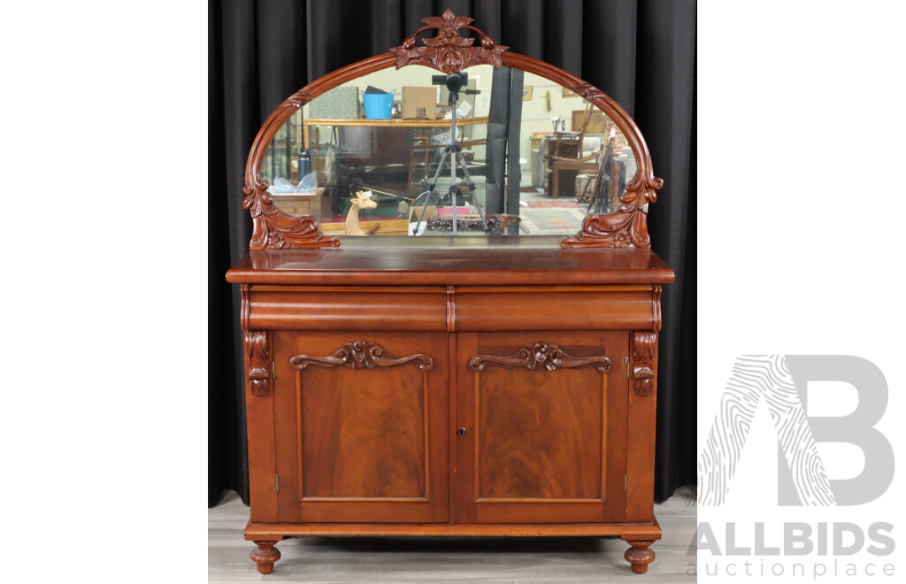 Vintage Mahogany Chiffonier with Floral Carved Mirror and Turned Feet