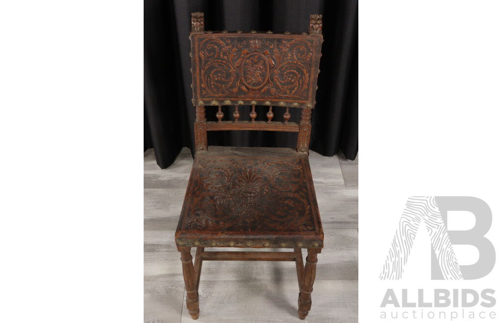 Georgian Oak Chair with Pressed Leather Upholstery