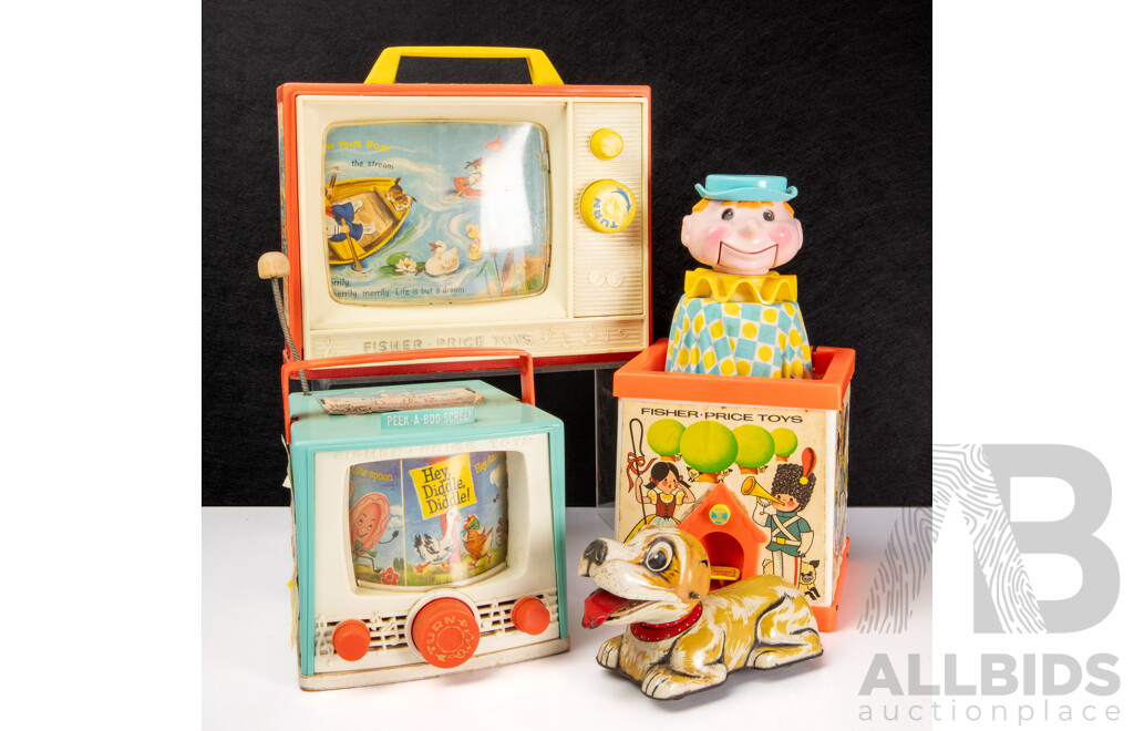 Fisher Price 1960's/70's Toys Including Jack in the Box, Two Tunes-Two Pictures, Peek-A-Boo Screen and Frankonia Pressed Steel Dog