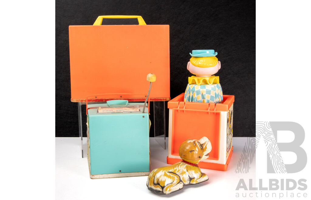 Fisher Price 1960's/70's Toys Including Jack in the Box, Two Tunes-Two Pictures, Peek-A-Boo Screen and Frankonia Pressed Steel Dog