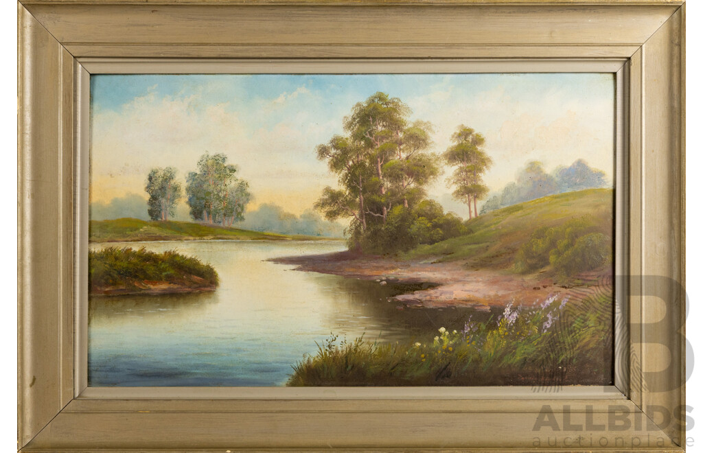 László Kézdi-Kovács (19/20th Centuries, Hungarian, 1864-1942), Forest Scene with Water, Antique Oil on Board, 53 x 78 cm (frame)