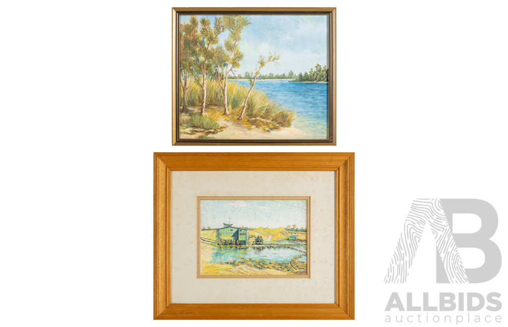 M.Suters, (20th Century), Sand Mining, Hawks Nest & Myall River, Pair of Original Vintage Ink & Watercolour and Oil on Board, 37H x 44W cm (larger frame) (2)