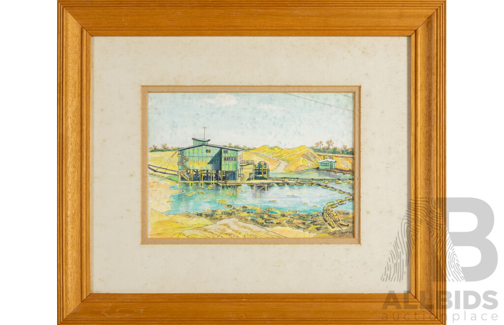 M.Suters, (20th Century), Sand Mining, Hawks Nest & Myall River, Pair of Original Vintage Ink & Watercolour and Oil on Board, 37H x 44W cm (larger frame) (2)
