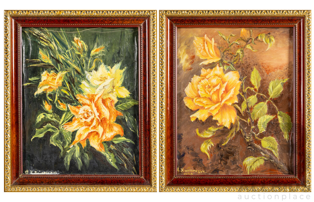 Alevtina-Tina Kurianezyk, (20th Century, Ukranian-Australian, Active c1970-80s), One Rose & Two Roses (1979), Pair of Vintage Oils on Handmade Canvas Paper Laid on Board, 30H x 25W cm (frames) (2)