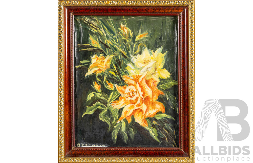 Alevtina-Tina Kurianezyk, (20th Century, Ukranian-Australian, Active c1970-80s), One Rose & Two Roses (1979), Pair of Vintage Oils on Handmade Canvas Paper Laid on Board, 30H x 25W cm (frames) (2)
