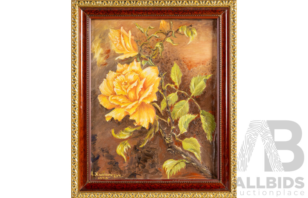 Alevtina-Tina Kurianezyk, (20th Century, Ukranian-Australian, Active c1970-80s), One Rose & Two Roses (1979), Pair of Vintage Oils on Handmade Canvas Paper Laid on Board, 30H x 25W cm (frames) (2)