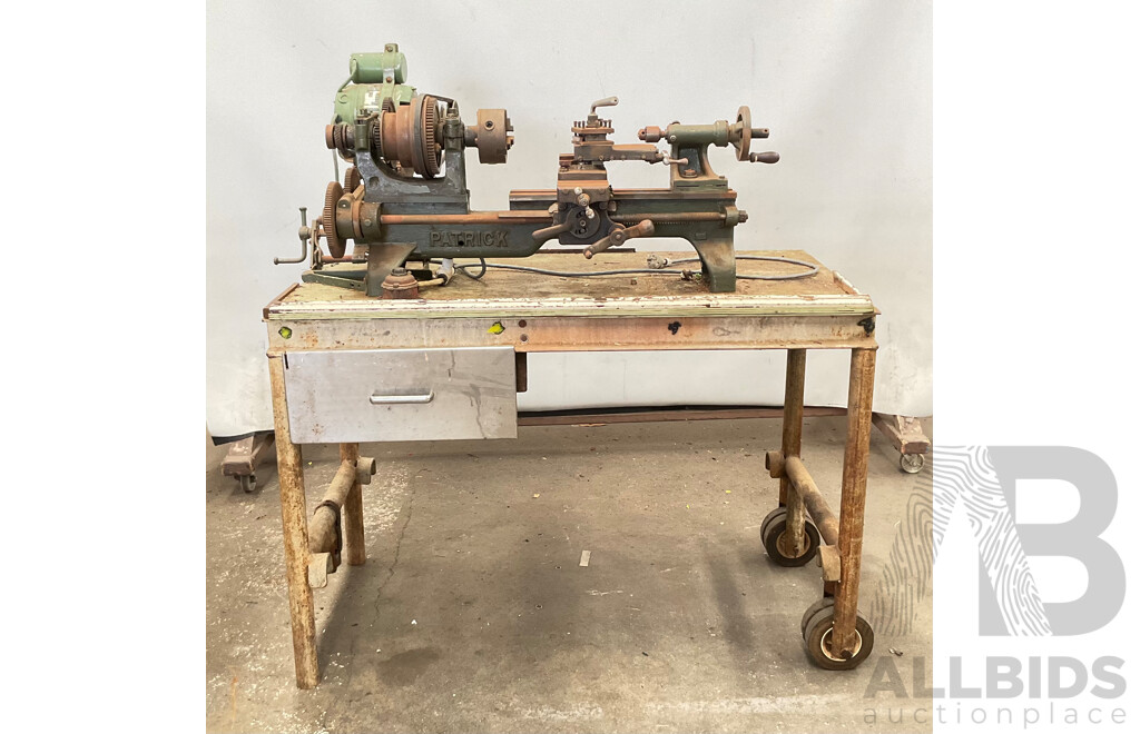 Antique Patrick Steel Lathe on Steel Bench with Various Cutting Tools, Chucks, Drill Bits and Micrometer