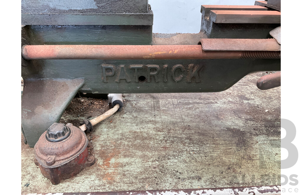 Antique Patrick Steel Lathe on Steel Bench with Various Cutting Tools, Chucks, Drill Bits and Micrometer