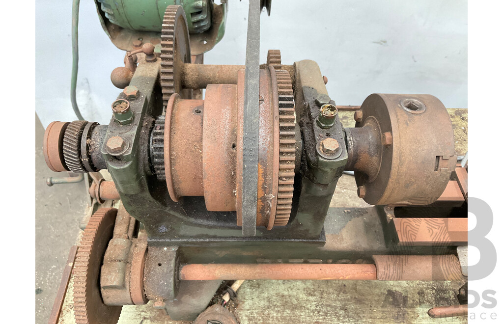 Antique Patrick Steel Lathe on Steel Bench with Various Cutting Tools, Chucks, Drill Bits and Micrometer