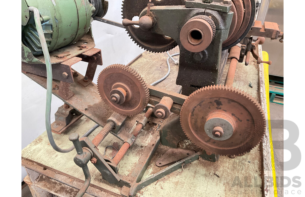 Antique Patrick Steel Lathe on Steel Bench with Various Cutting Tools, Chucks, Drill Bits and Micrometer