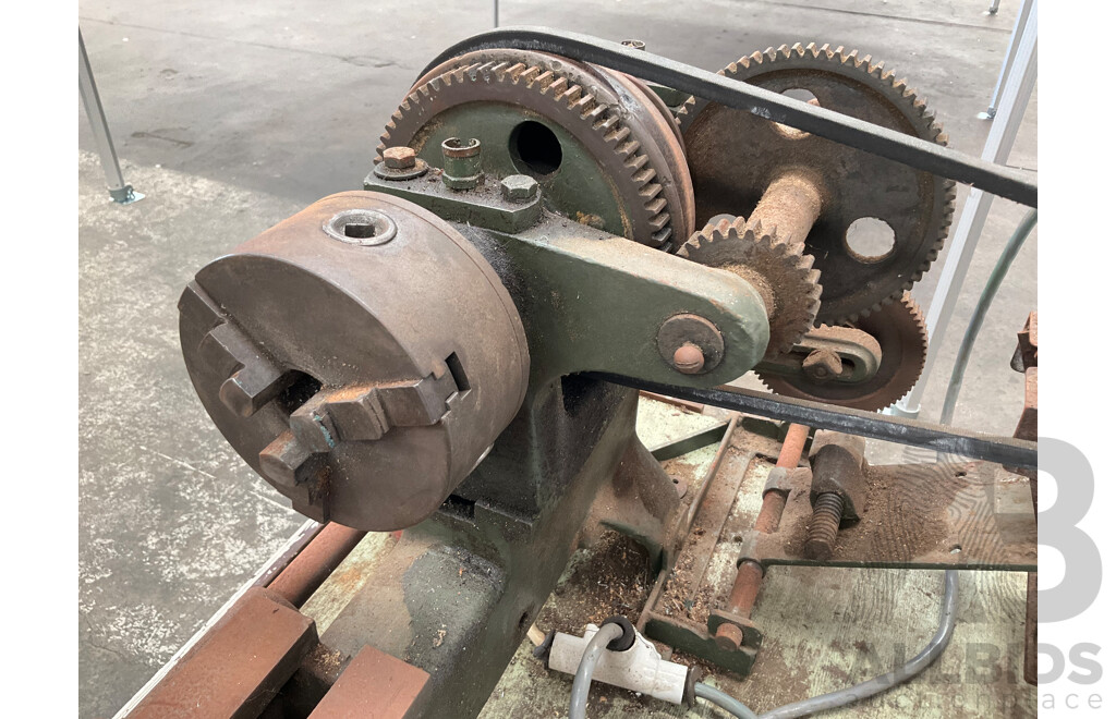 Antique Patrick Steel Lathe on Steel Bench with Various Cutting Tools, Chucks, Drill Bits and Micrometer