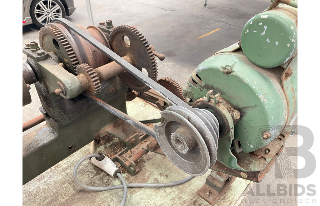 Antique Patrick Steel Lathe on Steel Bench with Various Cutting Tools, Chucks, Drill Bits and Micrometer