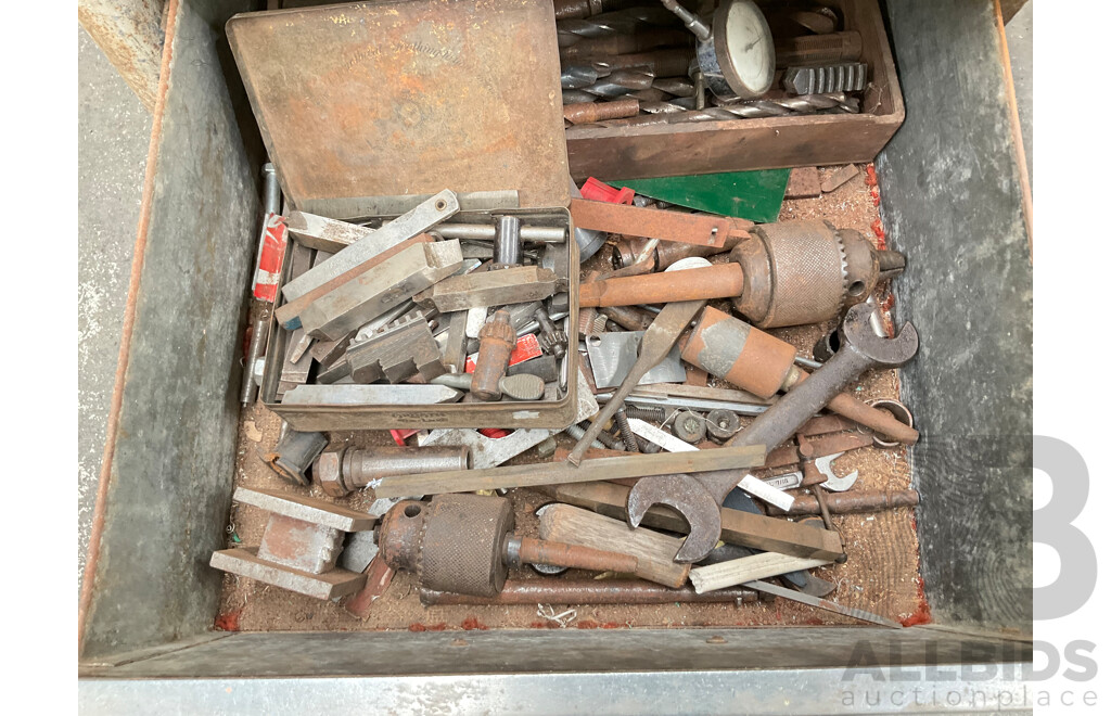 Antique Patrick Steel Lathe on Steel Bench with Various Cutting Tools, Chucks, Drill Bits and Micrometer