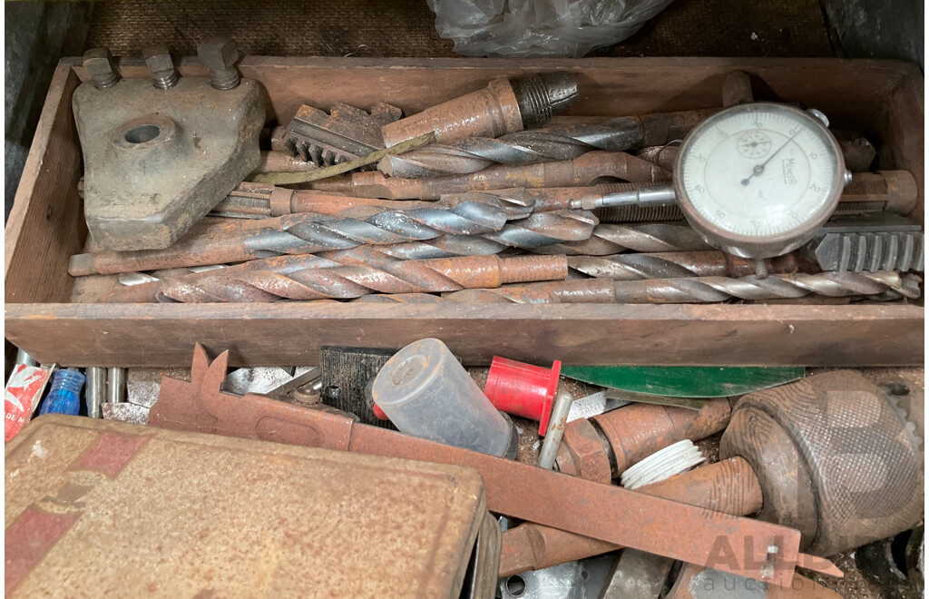 Antique Patrick Steel Lathe on Steel Bench with Various Cutting Tools, Chucks, Drill Bits and Micrometer