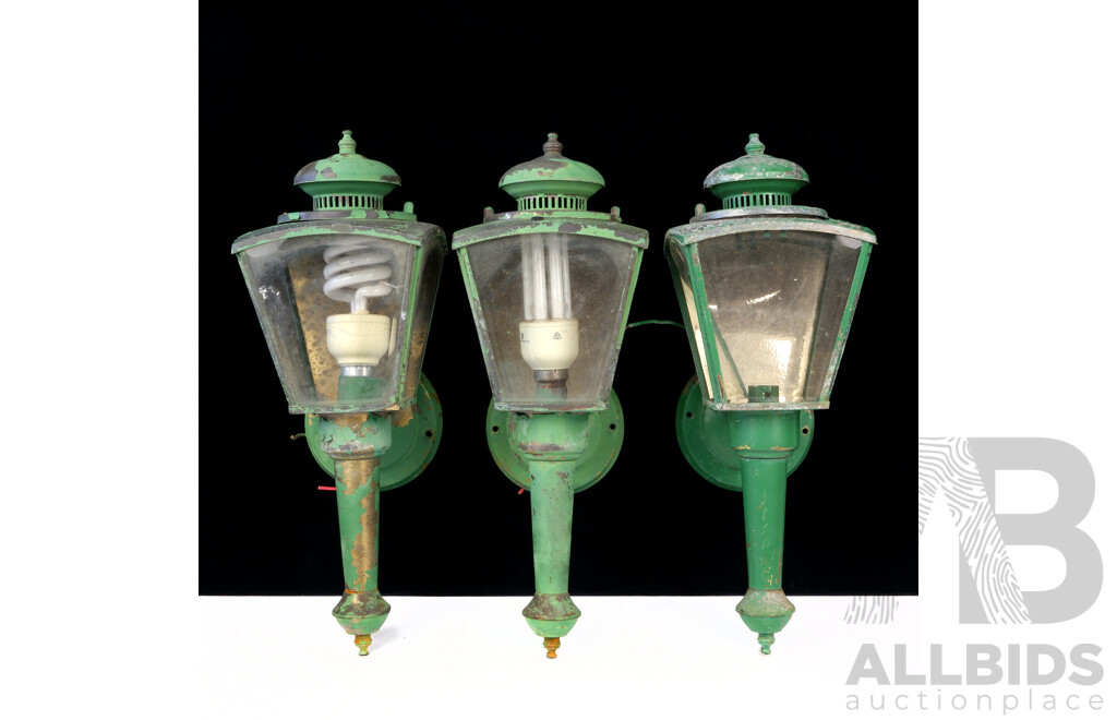 Three Vintage Outdoor Carbide Style Wall Lamps with Beveled Glass