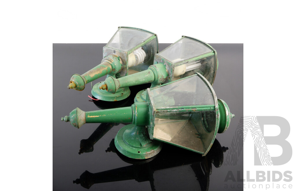 Three Vintage Outdoor Carbide Style Wall Lamps with Beveled Glass