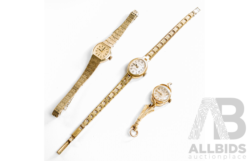 Collection of (3) Gold Tone Vintage Ladies Watches, Felicia, Dugena & Timor, All Manual Winding