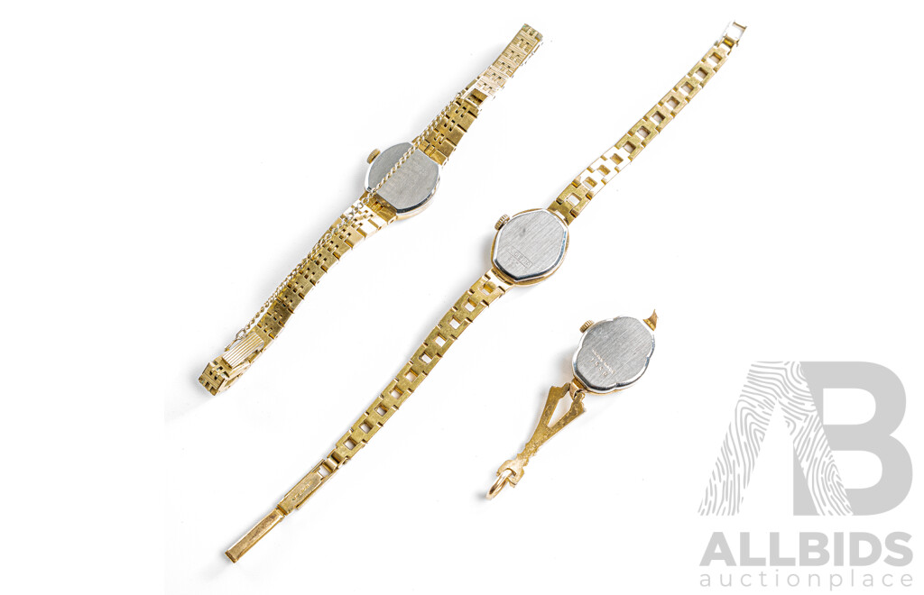 Collection of (3) Gold Tone Vintage Ladies Watches, Felicia, Dugena & Timor, All Manual Winding